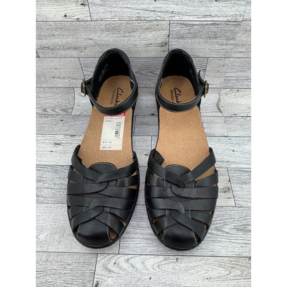 Clarks Bendables Black Leather Fisherman Wedge Sandals Women Sz 8M 60552 - Picture 1 of 11